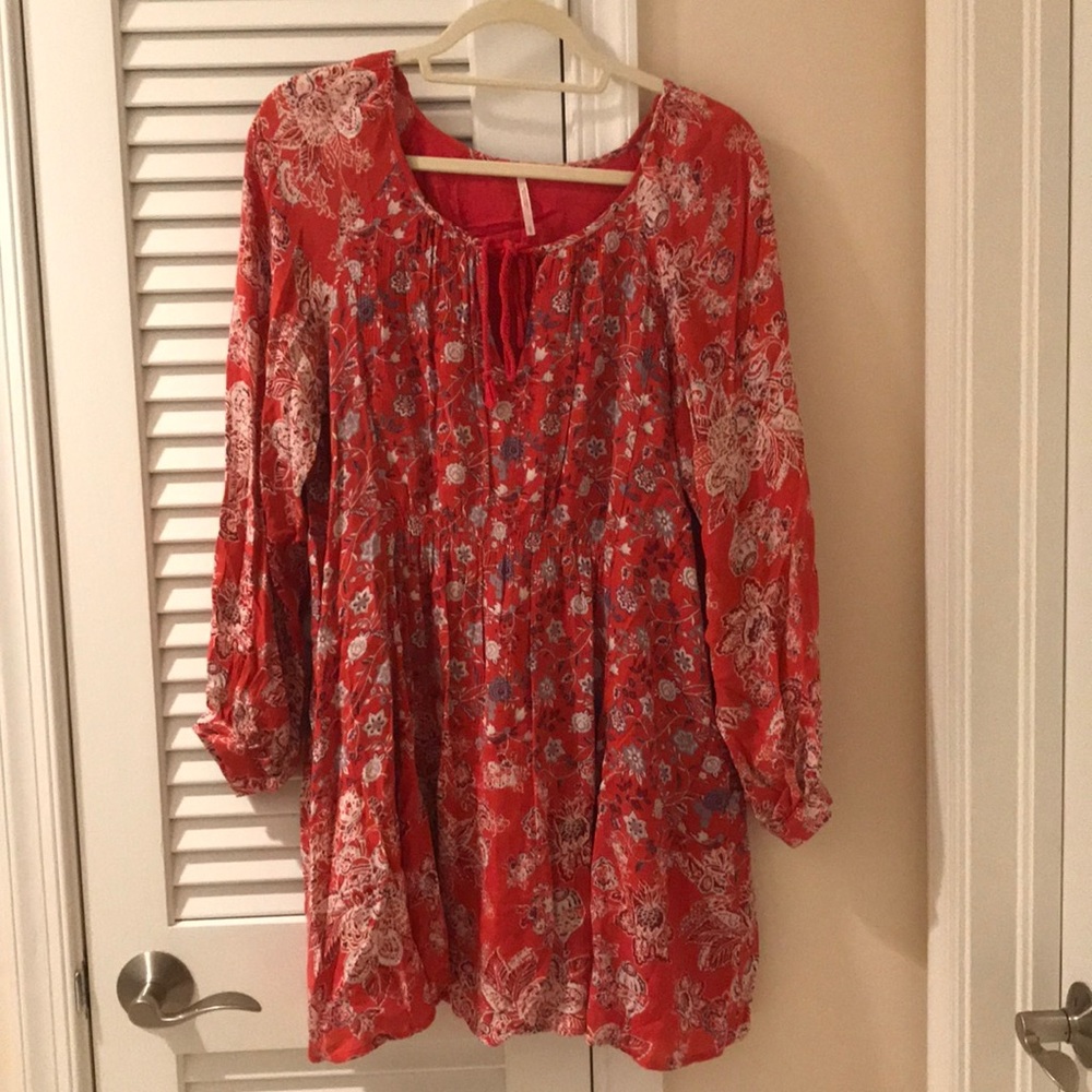 Long Sleeve Red Floral Free People Shift Dress